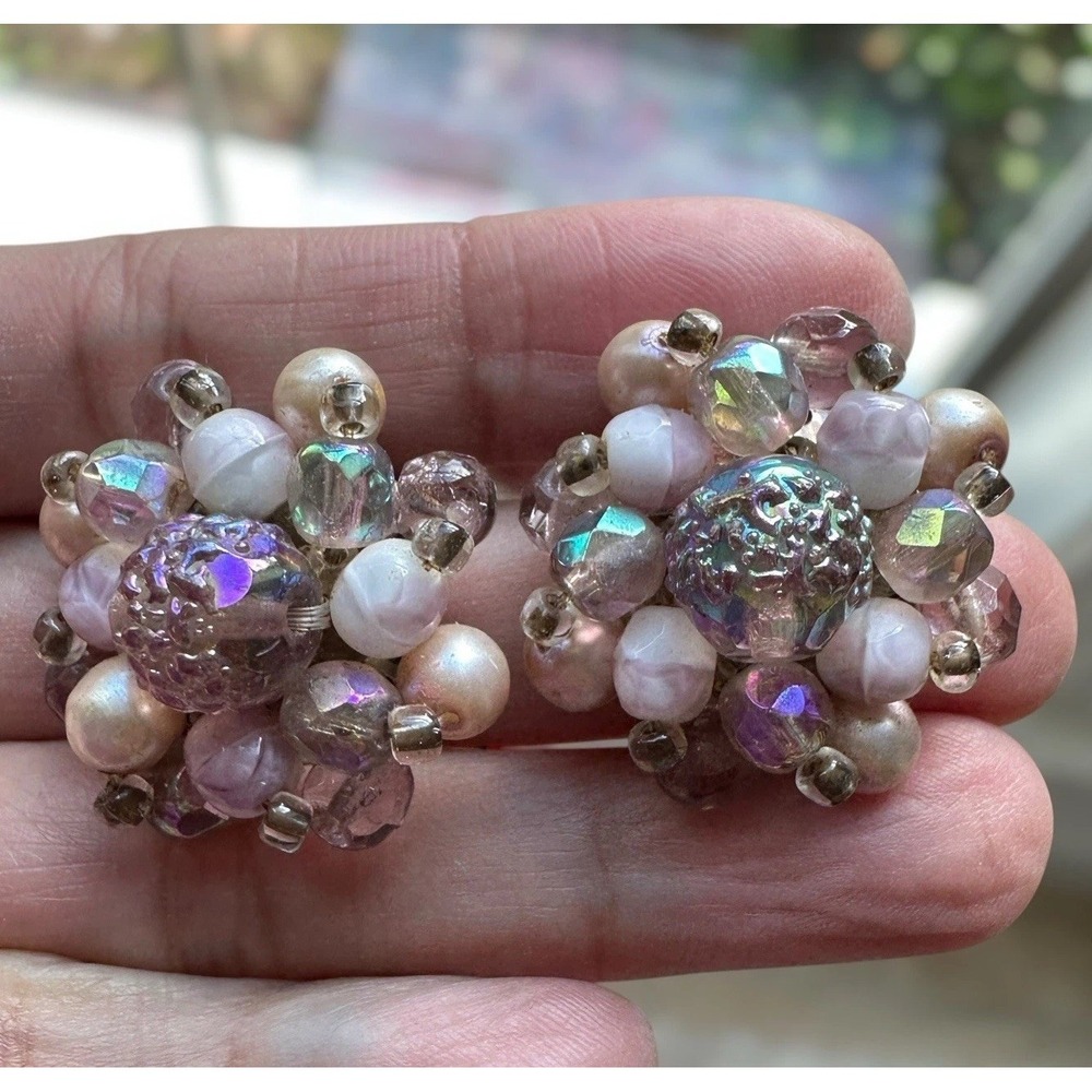 Vintage Germany Clip Earrings 1.125 Inch Aurora‎ Borealis Crystal Beaded Cluster